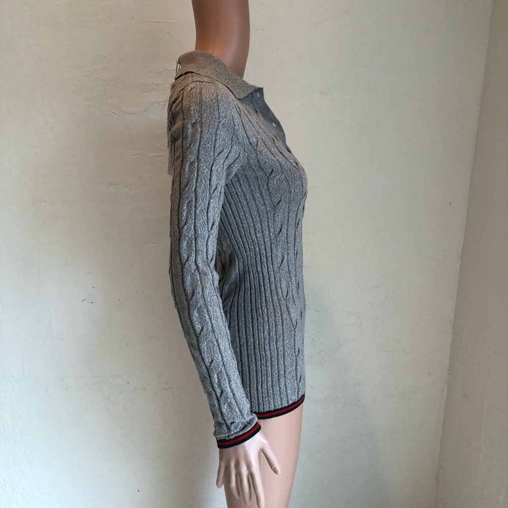 Gucci Gray Cable-Link Rib Knit Wool Polo Top Button-Up Sweater Women’s Size XS - Picture 4 of 16